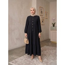 Eceylül Moda %100 Pamuk Önü Düğmeli Siyah Salaş Bol Kesim Kat Kat Uzun Tesettür Elbise