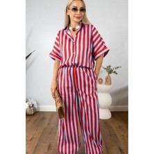 Muna Boutique Kadın Kırmızı Mavi Gömlek Pantolon Takım
