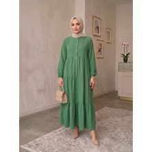 Eceylül Moda %100 Pamuk Önü Düğmeli Siyah Salaş Bol Kesim Kat Kat Uzun Tesettür Elbise