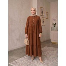 Eceylül Moda %100 Pamuk Önü Düğmeli Siyah Salaş Bol Kesim Kat Kat Uzun Tesettür Elbise