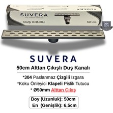 Suvera 50CM 304 Paslanmaz Izgaralı (Alttan Çıkışlı) Koku Önleyici Klapeli Duş Kanalı – Ø50MM Alt Çıkış - (Çizgili Izgara)
