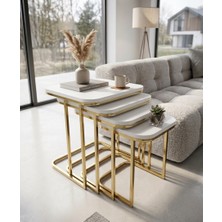 Aylive Mobilya Tekerlekli Zigon Sehpa - 4lü Tekerlekli Gold Ayaklı Beyaz Zigon Sehpa