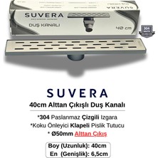Suvera 40CM 304 Paslanmaz Izgaralı (Alttan Çıkışlı) Koku Önleyici Klapeli Duş Kanalı – Ø50MM Alt Çıkış - (Çizgili Izgara)