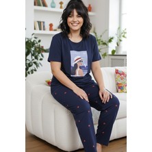 Siyah İnci Desenli Pamuklu Büyük Beden Battal Boy Örme Pijama Takım