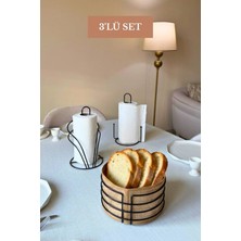 Edora Home 3’lü Set Siyah Kuğu Peçetelik Dik Kağıt Havluluk Misketli Yuvarlak Ekmek Sepeti Mutfak Seti