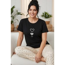 Siyah İnci Desenli Pamuklu Büyük Beden Battal Boy Örme Pijama Takım