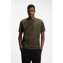 Boss Erkek Normal Kesim 3 Boyutlu Üçgen Desenli Pamuklu Bisiklet Yaka Kısa Kollu Haki T-Shirt 50563981-398