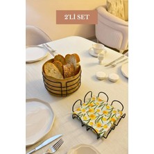 Edora Home 2’li Set Siyah Kare Peçetelik Yuvarlak Ekmek Sepeti Mutfak Seti
