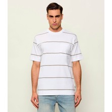 Boss Erkek Normal Kesim Yuvarlak Yakalı Çizgi Desenli Pamuklu Kısa Kollu Beyaz T-Shirt 50565027-100