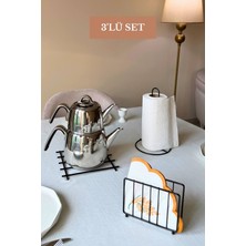 Edora Home 3’lü Set Siyah Nihale Kafes Peçetelik Dik Kağıt Havluluk Mutfak Seti