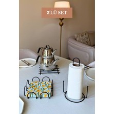 Edora Home 3’lü Set Siyah Kare Peçetelik Dik Kağıt Havluluk Misketli Nihale Mutfak Seti