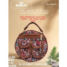 NV JEWELRY Yuvarlak Bohem Desenli Kırmızı Çanta