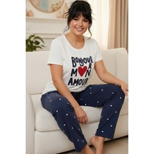 Siyah İnci Desenli Pamuklu Büyük Beden Battal Boy Örme Pijama Takım