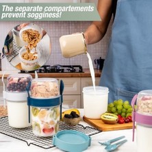 YF Tekstil Ambalaj 650 ml -Go Kaşıklı Hazneli Meyveli Müsli Kabı Piknik Iş Yoğurt Süt Bardağı Kapaklı ve Kaşıklı Kahvaltı Bardakları, Tahıl Tepesi Yulaf Ezmesi Granola (Turkuaz)