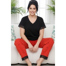 Siyah İnci Desenli Pamuklu Büyük Beden Battal Boy Örme Pijama Takım
