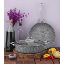 Taç Ultra Klasik Granit Tencere ve Tava Seti Gümüş Renk 26 cm Derin Tencere ile Pratik Kullanım
