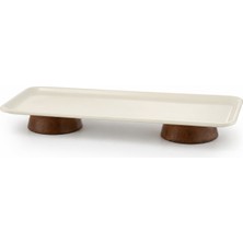 Beige & Stone Dikdörtgen Çift Ahşap Ayaklı Sunum Tabağı 33 cm Pasta Meyve Servis Sunum Standı