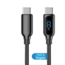 Kens Teknoloji Dijital Göstergeli Type-C To Type-C Şarj Kablosu 100 W Süper Hızlı Destekli Örgülü Üst Kalite