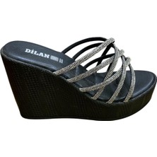 Dilan Kadın Dolgu Platform Topuklu Çapraz Taşlı Terlik