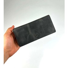 Erkek Hakiki Deri Gri Telefon Bölmeli Uzun Cüzdan ve Kartlık