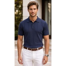 Polo State Erkek Triko Polo Yaka Kısa Kollu Dikey Desenli Slim Fit Tişört Lacivert