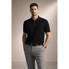 Polo State Erkek Triko Polo Yaka Kısa Kollu Dikey Desenli Slim Fit Tişört Siyah