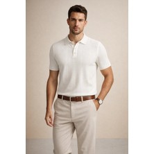 Polo State Erkek Triko Polo Yaka Kısa Kollu Dikey Desenli Slim Fit Tişört Ekru