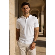 Polo State Erkek Regular Fit Waffle Dokulu Polo Yaka Kısa Kollu Beyaz Tişört