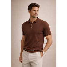Polo State Erkek Triko Polo Yaka Kısa Kollu Dikey Desenli Slim Fit Tişört Kahverengi