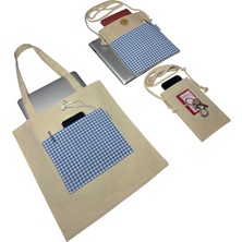 Atölye Smyrna Pötikare Desen 3'lü Çanta Set, Cepli Bez Çanta, Kitap Tablet Ebook Çantası, Telefon Çantası (Mavi)