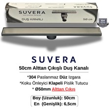 Suvera 50CM 304 Paslanmaz Izgaralı (Alttan Çıkışlı) Koku Önleyici Klapeli Duş Kanalı – Ø50MM Alt Çıkış - (Düz Izgara)
