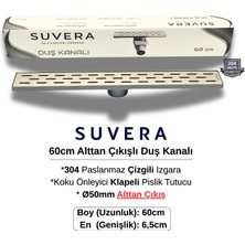 Suvera 60CM 304 Paslanmaz Izgaralı (Alttan Çıkışlı) Koku Önleyici Klapeli Duş Kanalı - Ø50 mm Alt Çıkış (Çizgili Izgara)