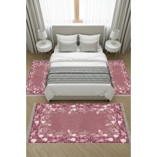 Alanur Home Kaymaz Yıkanabilir Dijital Baskılı 3'lü Klozet Takımı | Dikdörtgen | Keçe Taban Saçaklı | Çiçekli | P1388