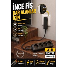 ARYES 1 Metre 4’lü Topraklı Uzatma Kablosu İnce Fiş Güvenli Kullanım Siyah Tam Bakır Kablo