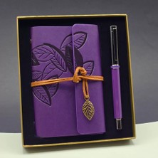 Hace Bazaar Yaprak Desenli Mor Deri Defter ve Metal Roller Kalem Seti
