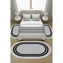 Alanur Home Kaymaz Yıkanabilir Dijital Baskılı 3'lü Klozet Takımı | Oval | Keçe Taban Saçaklı | Geometrik | 1696