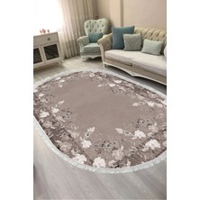 Alanur Home Dijital Baskılı Oval Salon Halısı | Kaymaz Yıkanabilir | Keçe Taban Saçaklı | Çiçekli | P1388