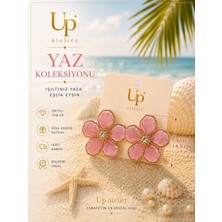 Up Atelier Yaz Koleksiyonu Plaj Modası Pembe Mineli Çiçek Gold Model Küpe