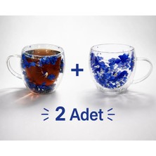Zürih Collection 2 Adet Kurutulmuş Canlı Çiçekli Çift Cidarlı Çay Kupası Kahve Kupası Mavi Ortanca Çiçeği Hediyelik 250 ml