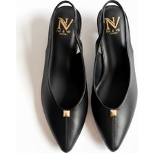 Ne&Ve Shoes Siyah Deri Trok Detaylı Içten Büzgü Lastikli Kadın Sivri Burun Topuklu Ayakkabı