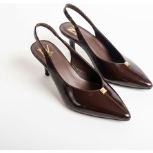 Ne&Ve Shoes Kahve Rugan Trok Detaylı Içten Büzgü Lastikli Kadın Sivri Burun Topuklu Ayakkabı