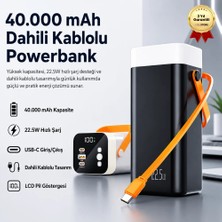 Hızlı Store Powerbank 40.000mAh Dahili Kablolu 22.5W Hızlı Şarj, USB-C Giriş/Çıkışlı LCD Göstergeli Taşınabilir Şarj Cihazı