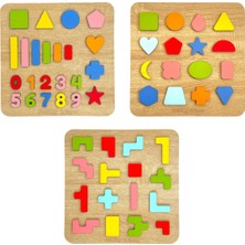 Tollihy Brinco Ahşap Montessori Büyük Boy Kabartmalı 3 Lü Bultak Puzzle Seti ( Geometrik Şekiller - Sayılar ve Çubuklar )