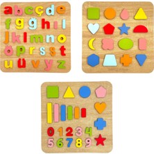 Tollihy Brinco Ahşap Montessori Büyük Boy Kabartmalı 3 Lü Bultak Puzzle Seti ( Alfabe - Geometrik Şekiller Çubuklar ve Sayılar )
