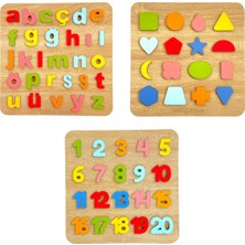 Tollihy Brinco Ahşap Montessori Büyük Boy Kabartmalı 3 Lü Bultak Puzzle Seti ( Alfabe - Geometrik Şekiller ve Sayılar)