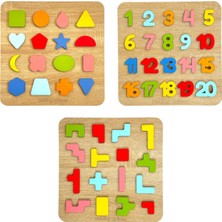 Tollihy Brinco Ahşap Montessori Büyük Boy Kabartmalı 3 Lü Bultak Puzzle Seti ( Sayılar - Tetris ve Geometrik Şekiller )