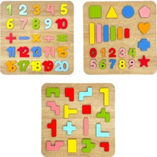 Tollihy Brinco Ahşap Montessori Büyük Boy Kabartmalı 3 Lü Bultak Puzzle Seti (4 Işlem - Sayılar - Geometrik Şekiller)