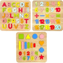 Tollihy Brinco Ahşap Montessori Okul Öncesi Eğitim Seti - 77 Parça 3'lü Bultak Puzzle (Alfabe, Sayılar,şekiller)
