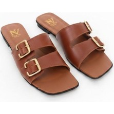 Ne&Ve Shoes Taba Deri Iki Tokalı Kadın Kare Burunlu Terlik