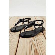 Benerly Kadın T-Strap Sandalet Bilekten Bağlamalı Taş Detaylı Düz Topuklu Yaz Ayakkabısı Günlük Rahat Modern